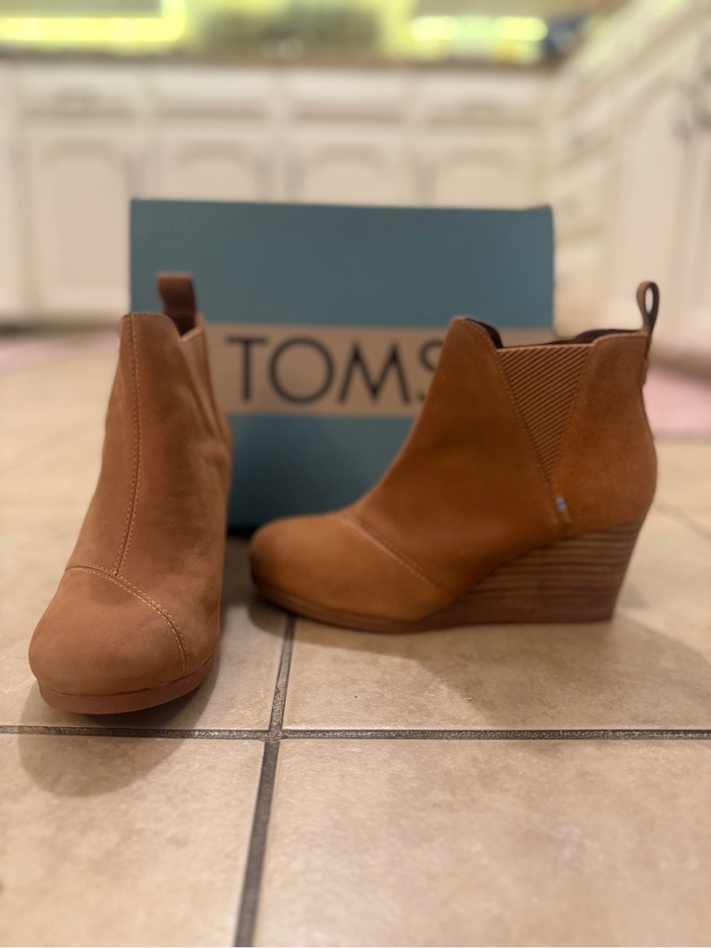 TOMS Women’s Tan Suede Wedge Booties - Pull-On Kelsey Style
